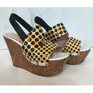 VERSACE WONENS VINTAGE POLKA-DOT WEDGE PLATFORMS, SIZE 38, YELLOW/BLACK